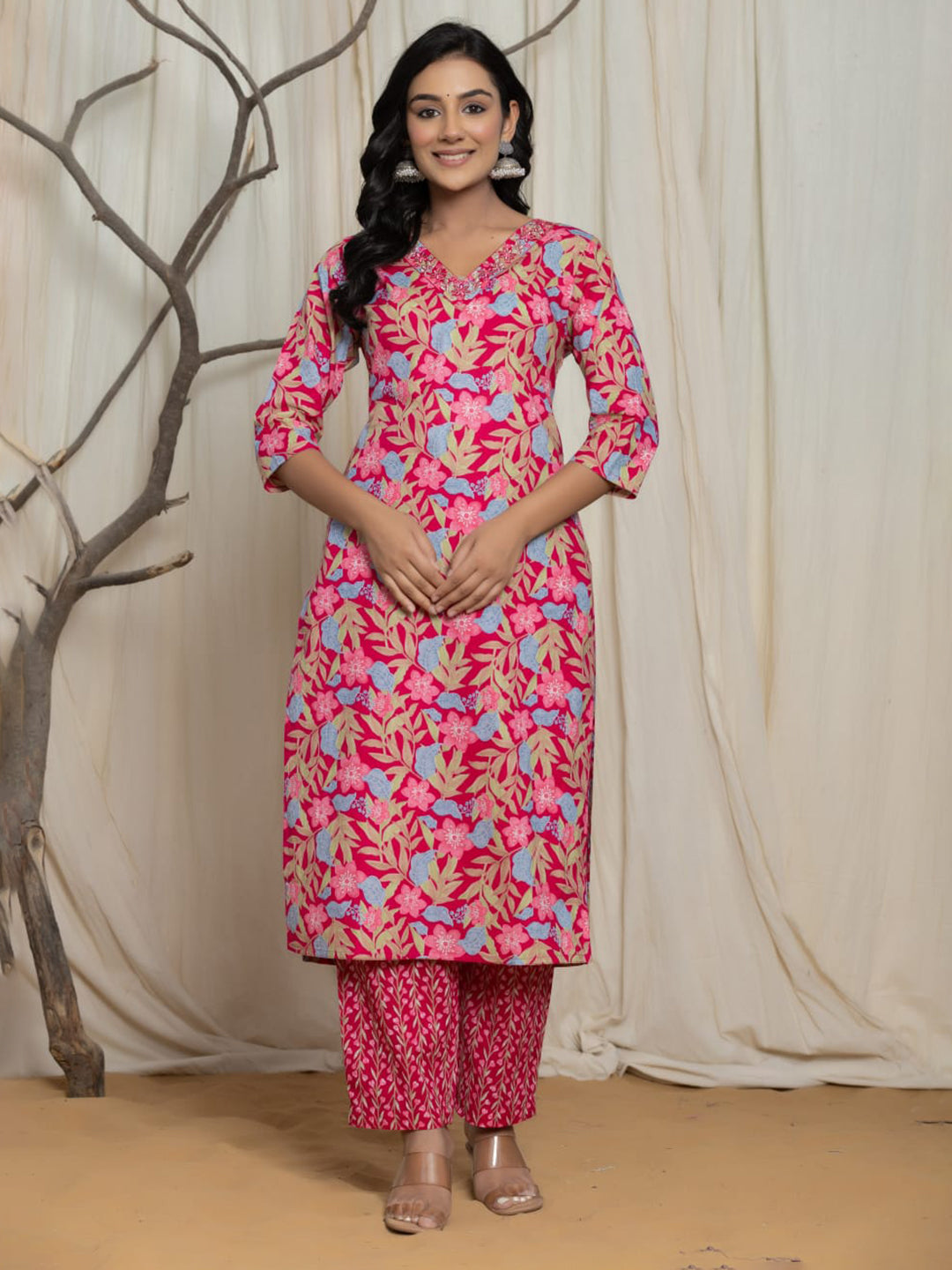 Printed Cotton Blend Kurta With Pants & Dupatta