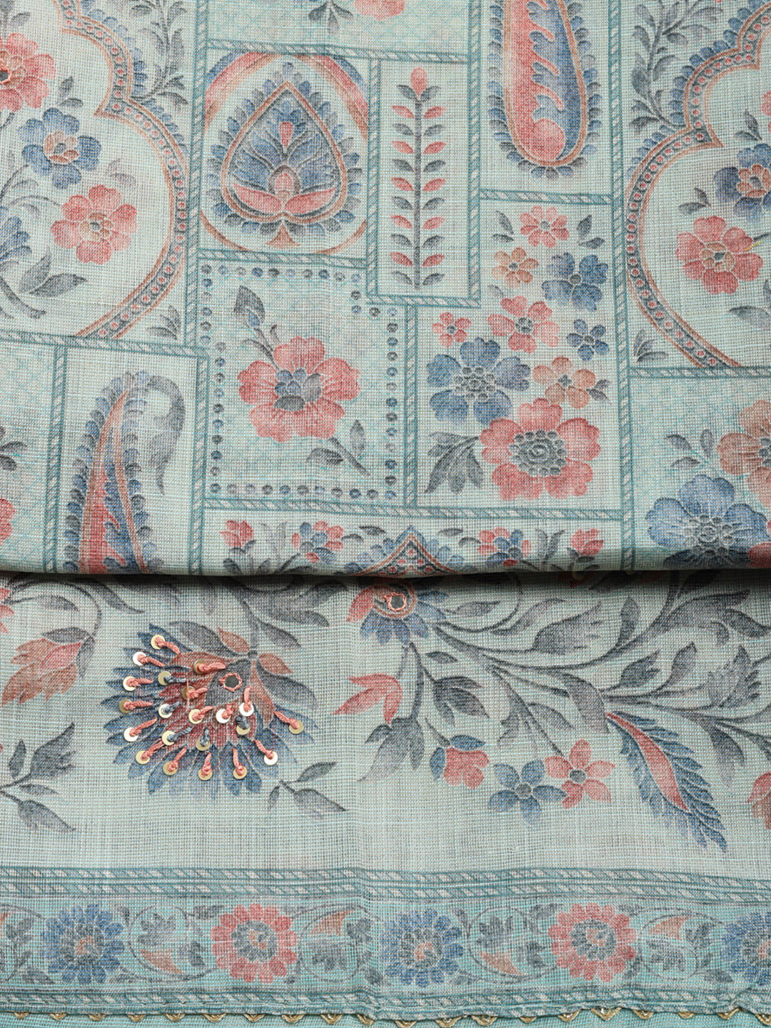 Printed Linen Blend Unstitched Suit With Pant &amp; Dupatta