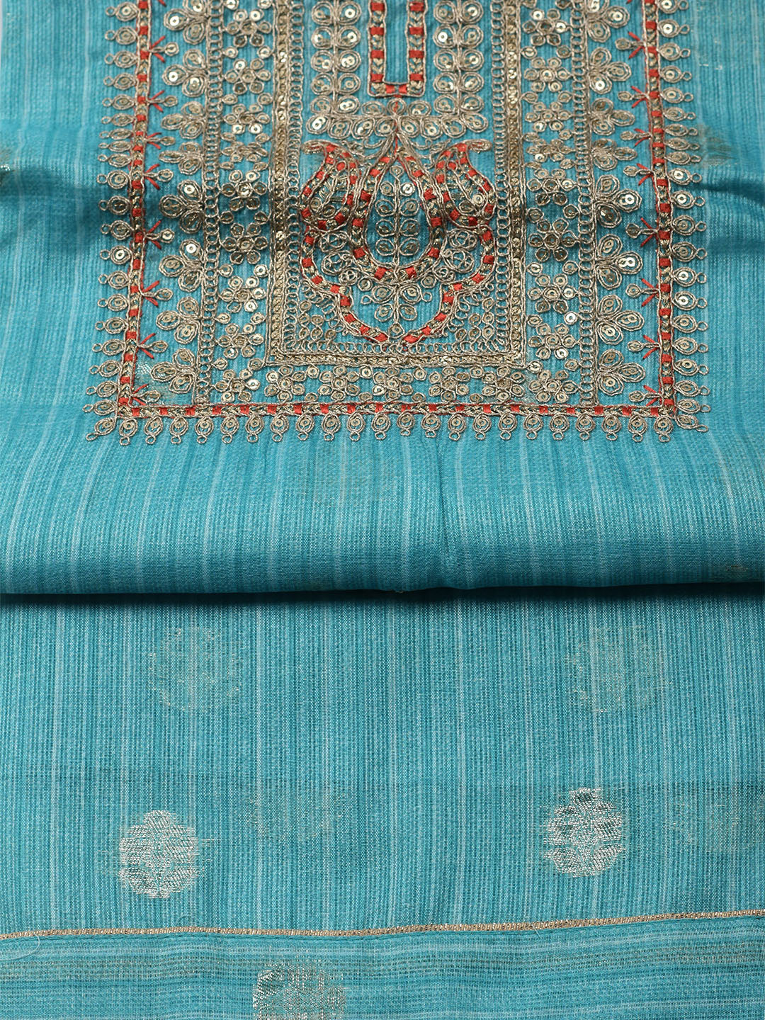 Embroidered Chanderi Unstitched Kurta With Pant &amp; Dupatta