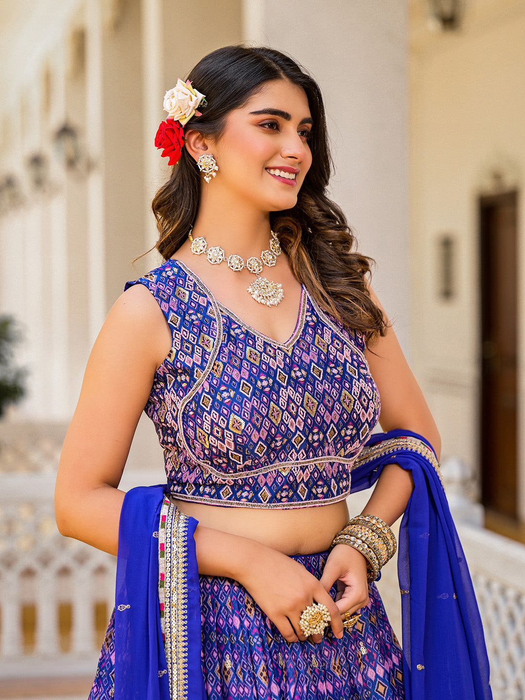 Printed Organza Choli With Lehenga &amp; Dupatta