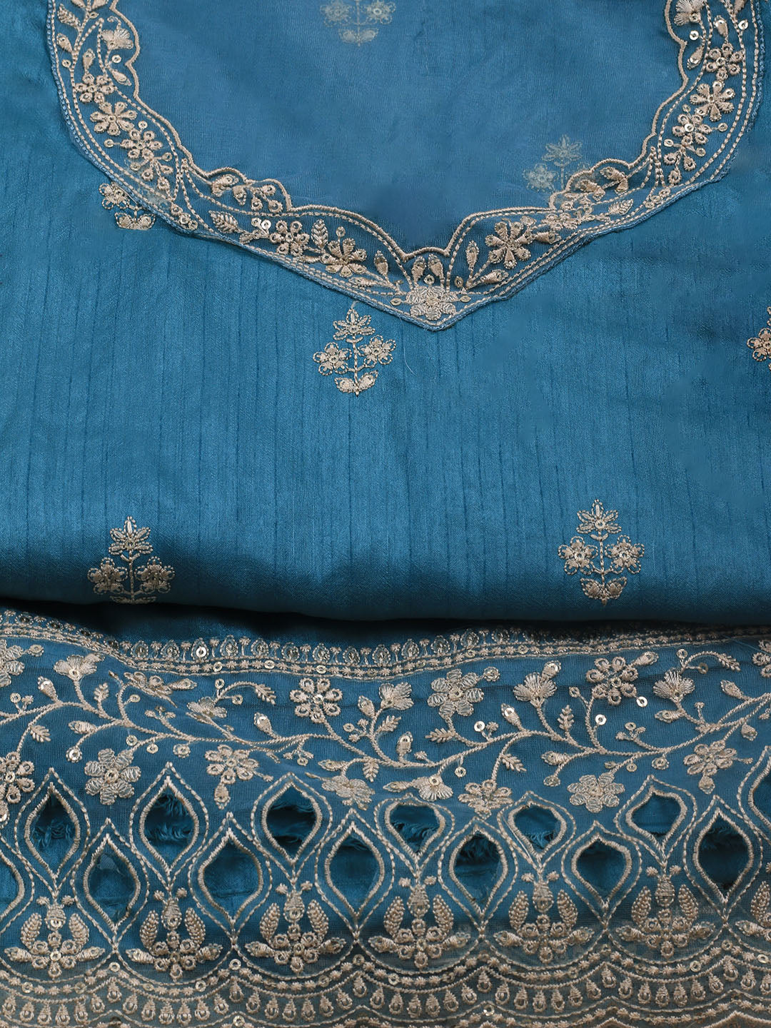 Embroidered Art Silk Unstitched Suit Piece With Dupatta