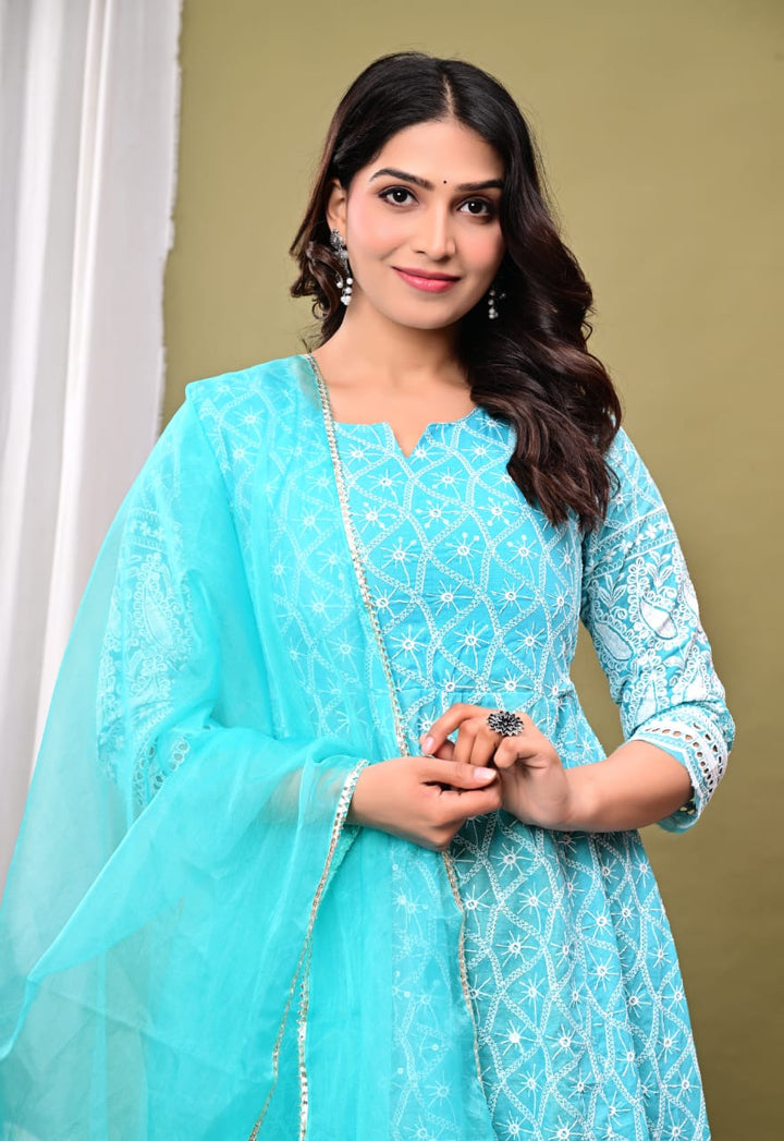 Embroidered Cotton Blend Kurta With Pant &amp; Dupatta