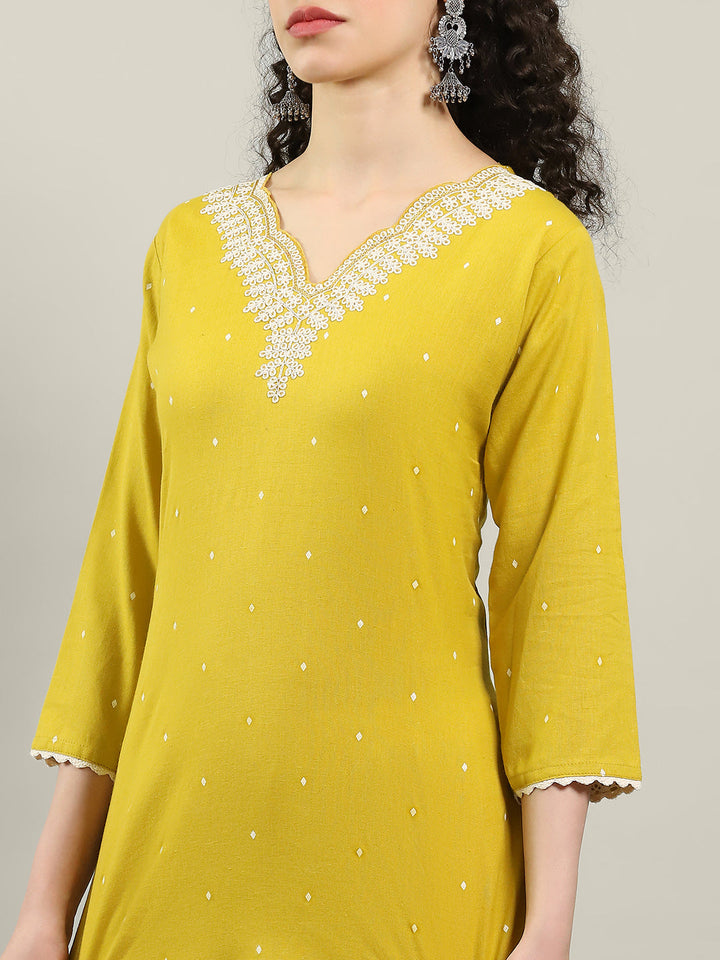 Neck Embroidered Cotton Blend Kurta With Palazzo
