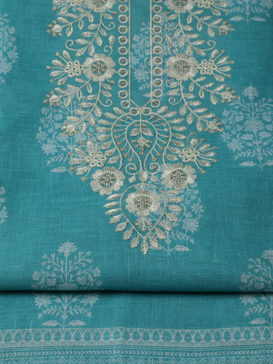 Embroidered Linen Blend Unstitched Suit With Pant &amp; Dupatta