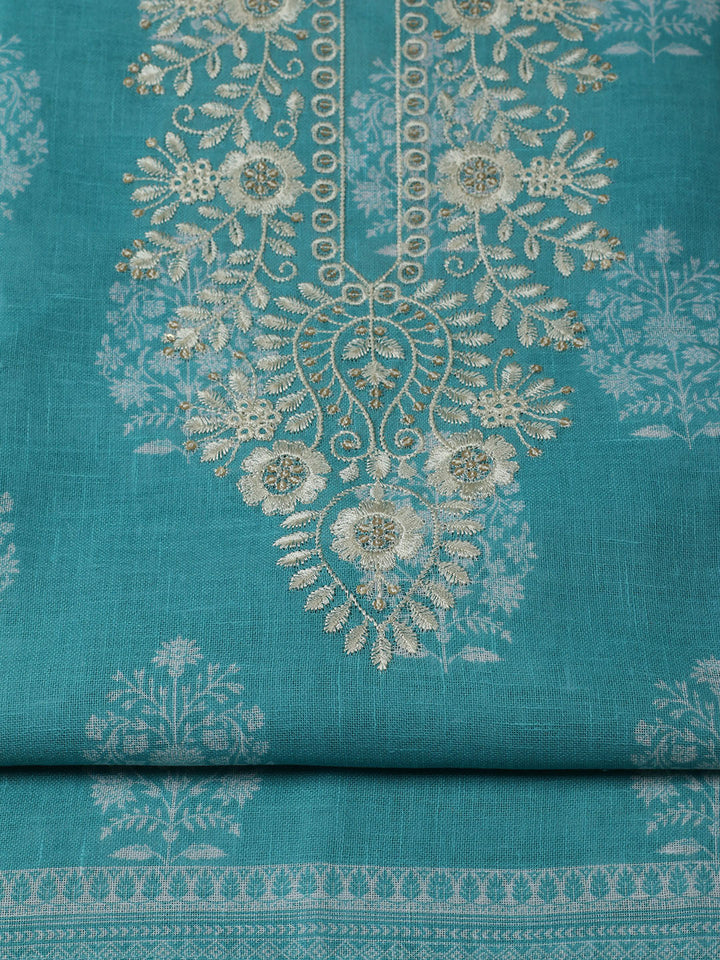 Embroidered Linen Blend Unstitched Suit With Pant &amp; Dupatta