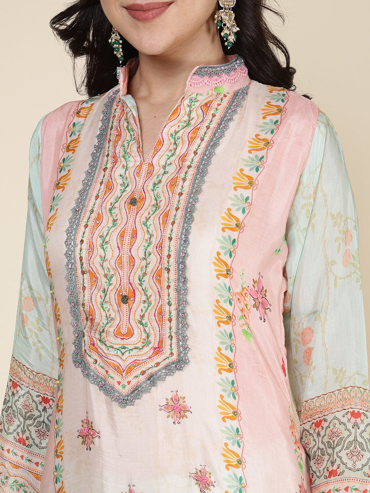 Printed Muslin Blend Kurta With Pants &amp; Dupatta