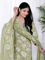 Printed Cotton Blend Kurta With Pants & Dupatta