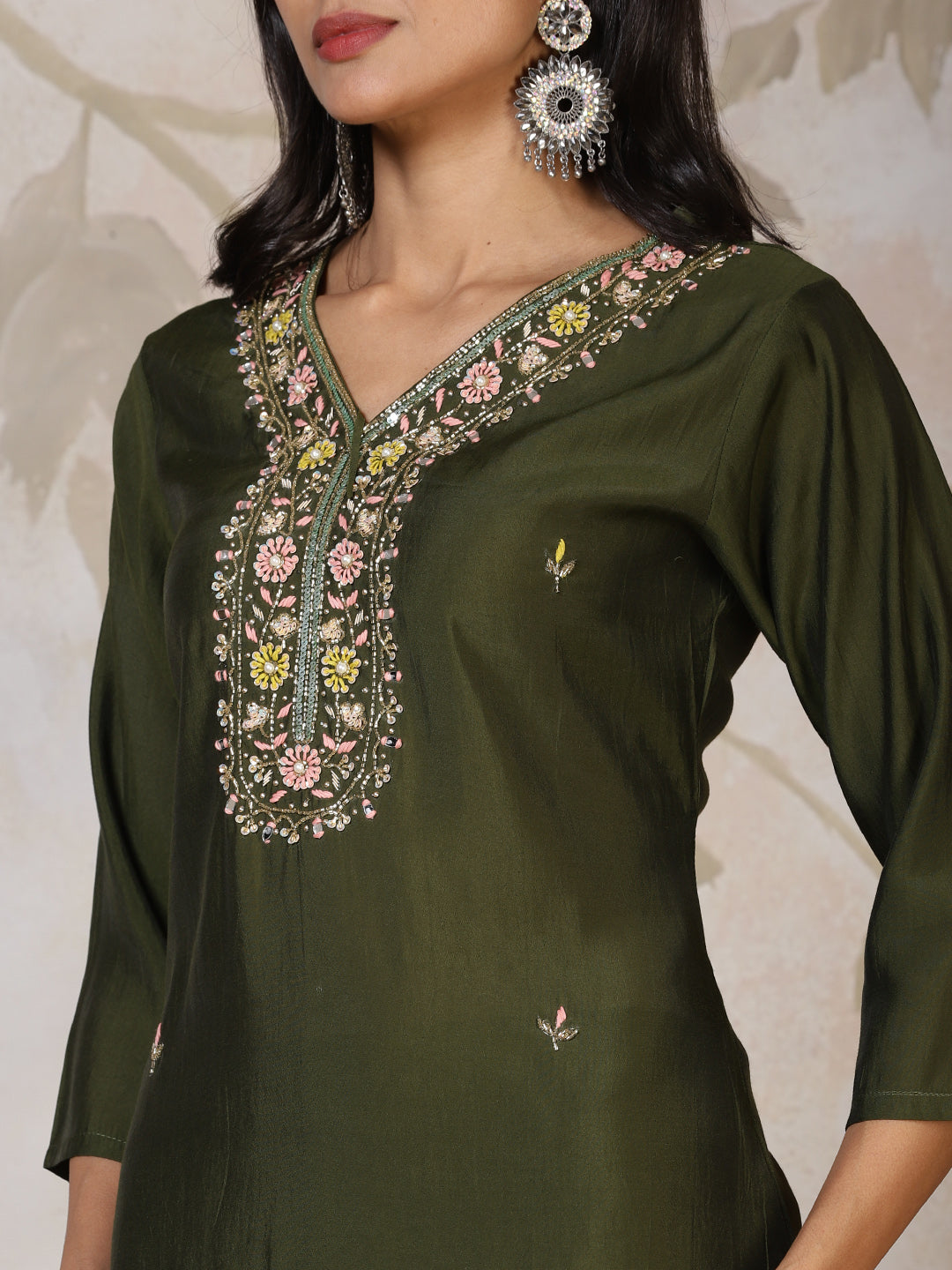 Embroidered Cotton Blend Kurta With Pants & Dupatta