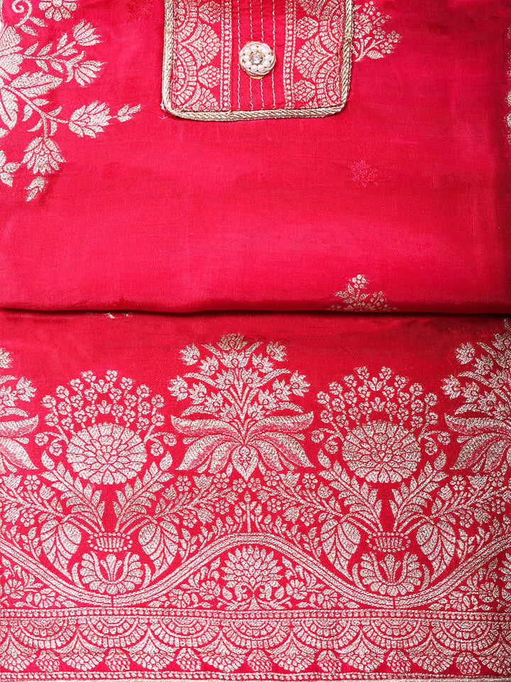 Embroidered Chanderi Unstitched Suit With Pant &amp; Dupatta