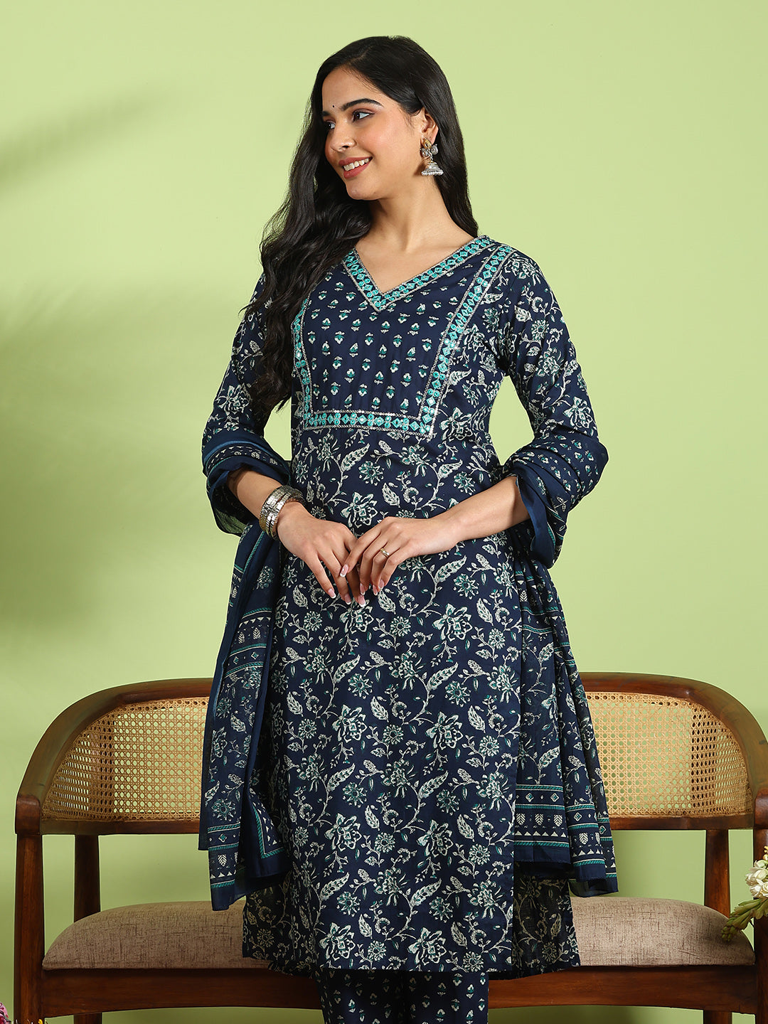 Printed Cotton Kurta With Pant &amp; Dupatta