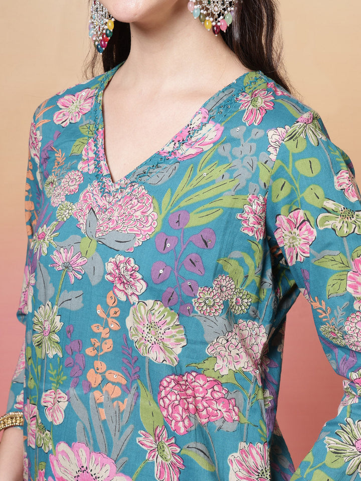 Embroidered Cotton Kurta With Pant &amp; Dupatta