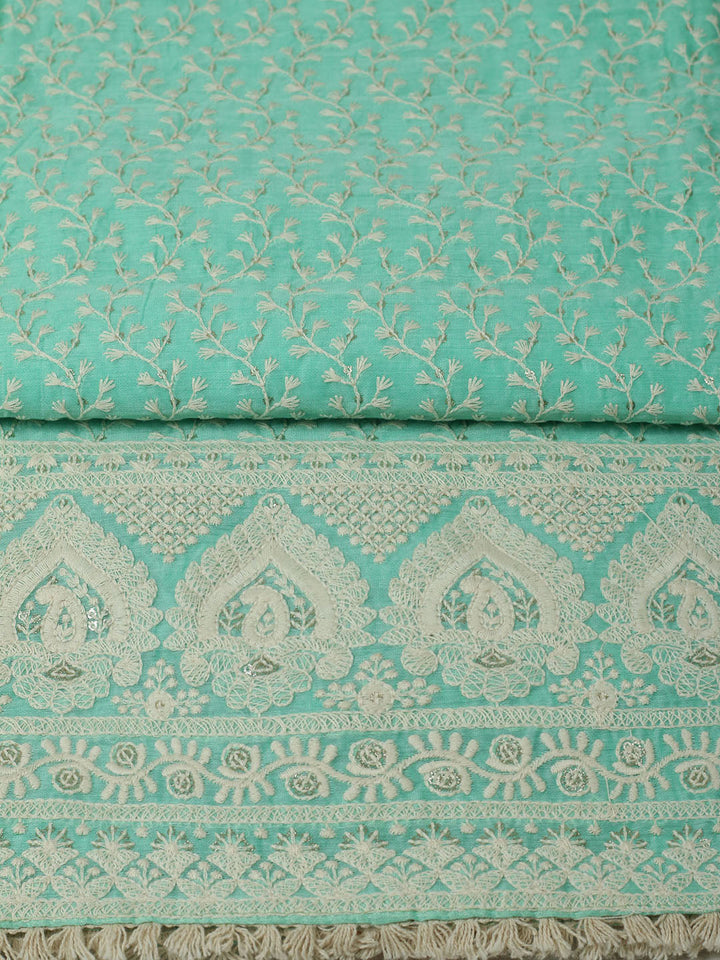 Embroidered Chanderi Unstitched Suit With Pant &amp; Dupatta