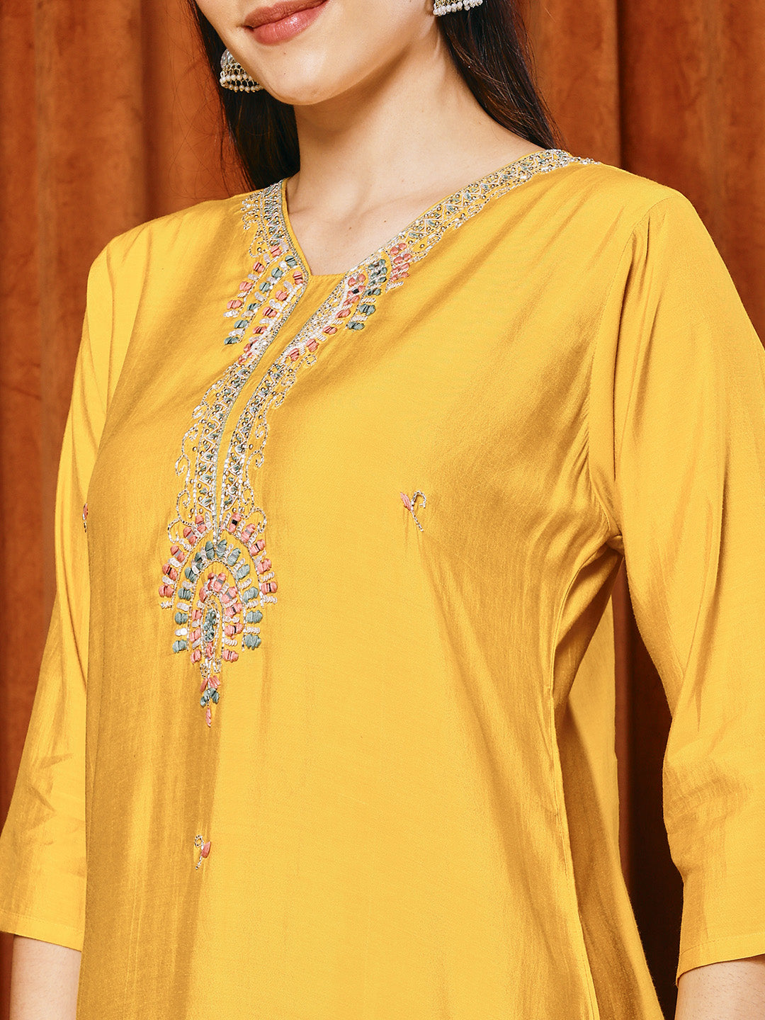 Resham Work Cotton Blend Kurta With Pants & Dupatta