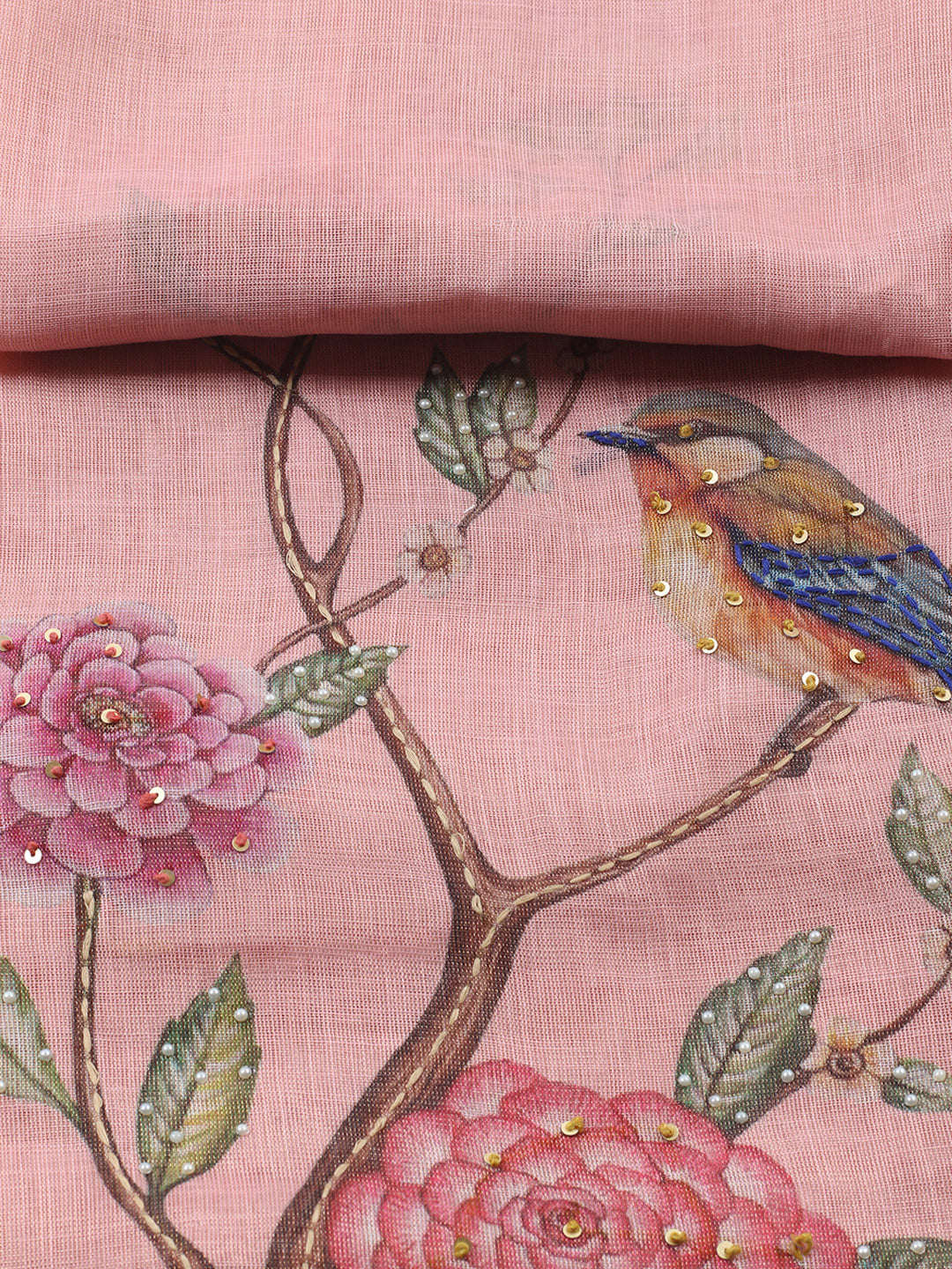 Printed Linen Blend Unstitched Suit With Pant &amp; Dupatta