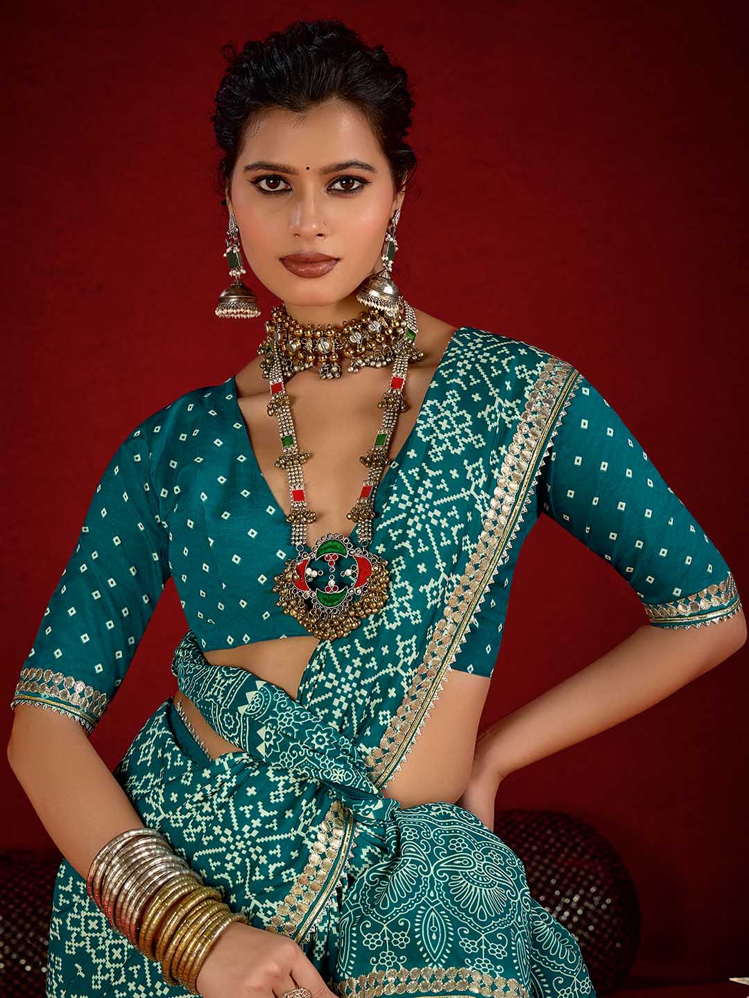 Printed &amp; Gota Work Art Silk Saree