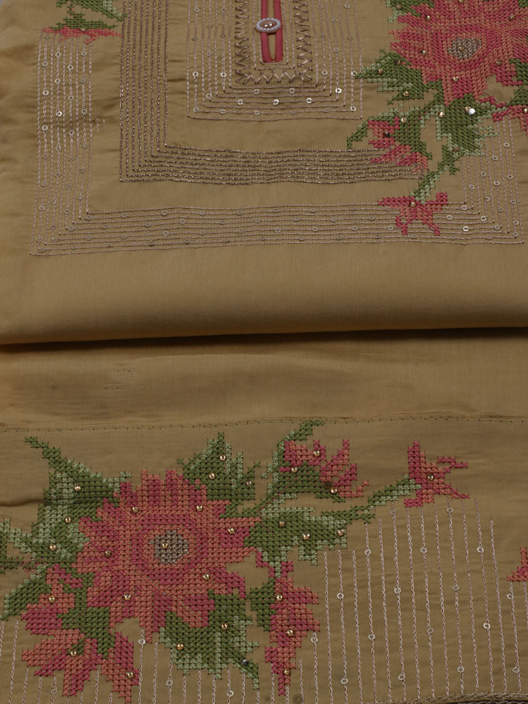 Neck Embroidered Chanderi Unstitched Suit With Dupatta