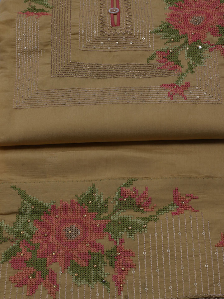 Neck Embroidered Chanderi Unstitched Suit With Dupatta