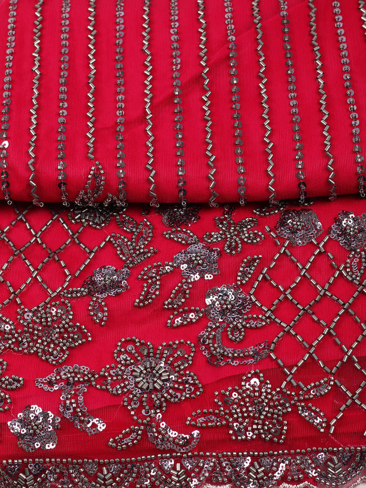 Embroidered Net Unstitched Suit With Pant &amp; Dupatta