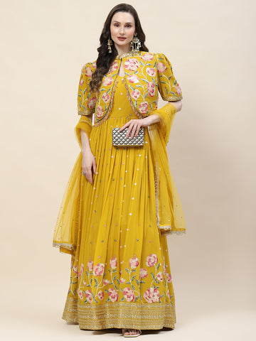Floral Sequin Embroidery Georgette Kurta With Jacket & Dupatta