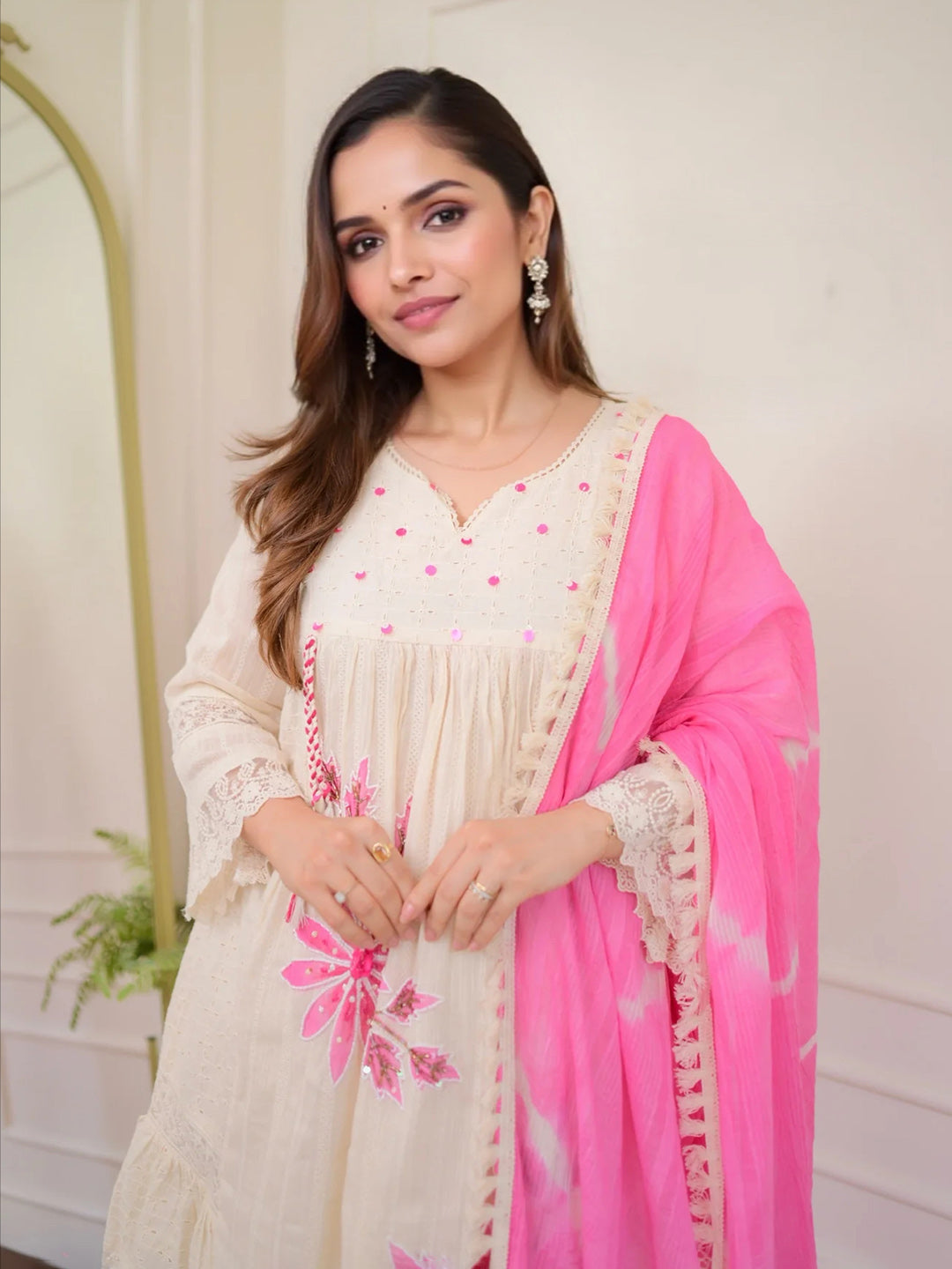 Embroidered Cotton Kurta With Pant &amp; Dupatta