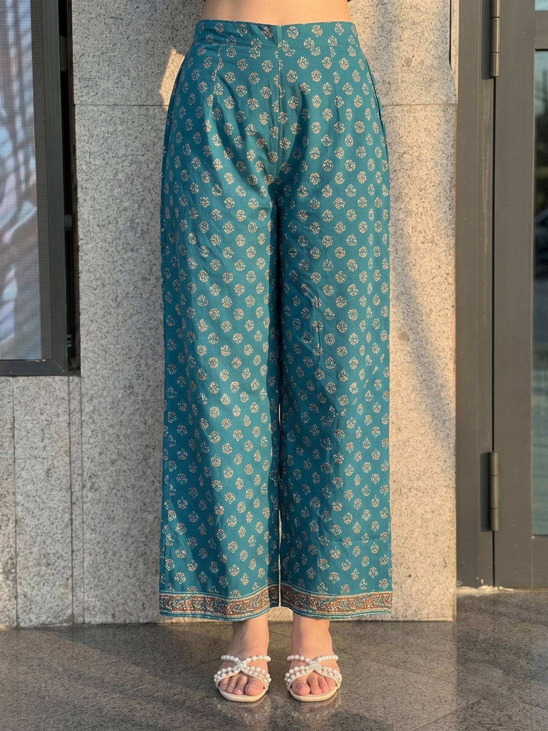 Rama-Green Printed Cotton Blend Kurta With Pant &amp; Dupatta