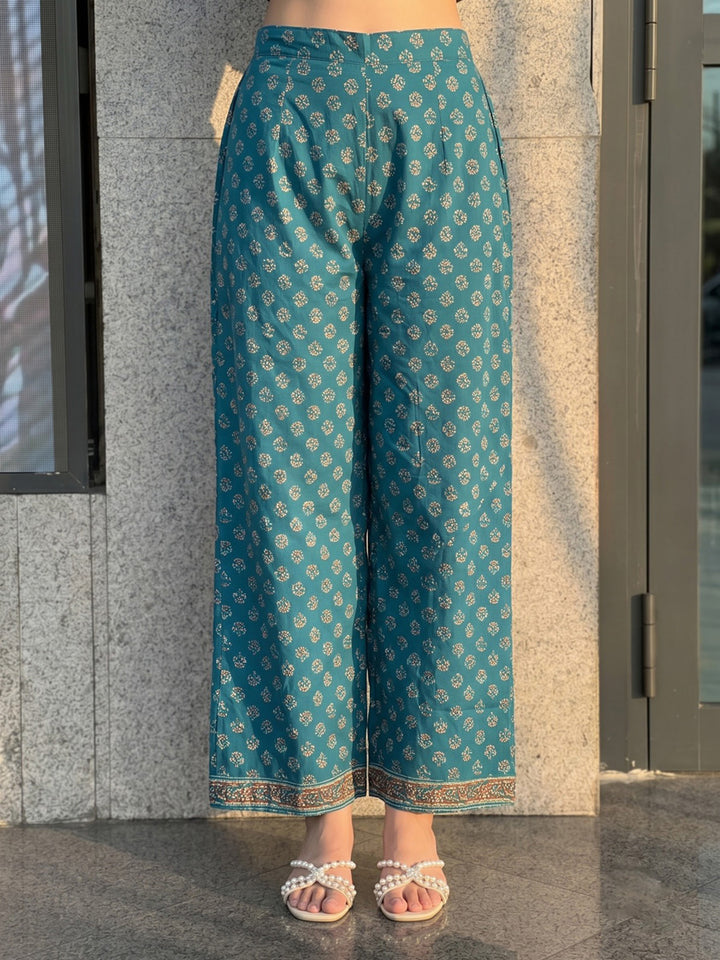 Rama-Green Printed Cotton Blend Kurta With Pant &amp; Dupatta