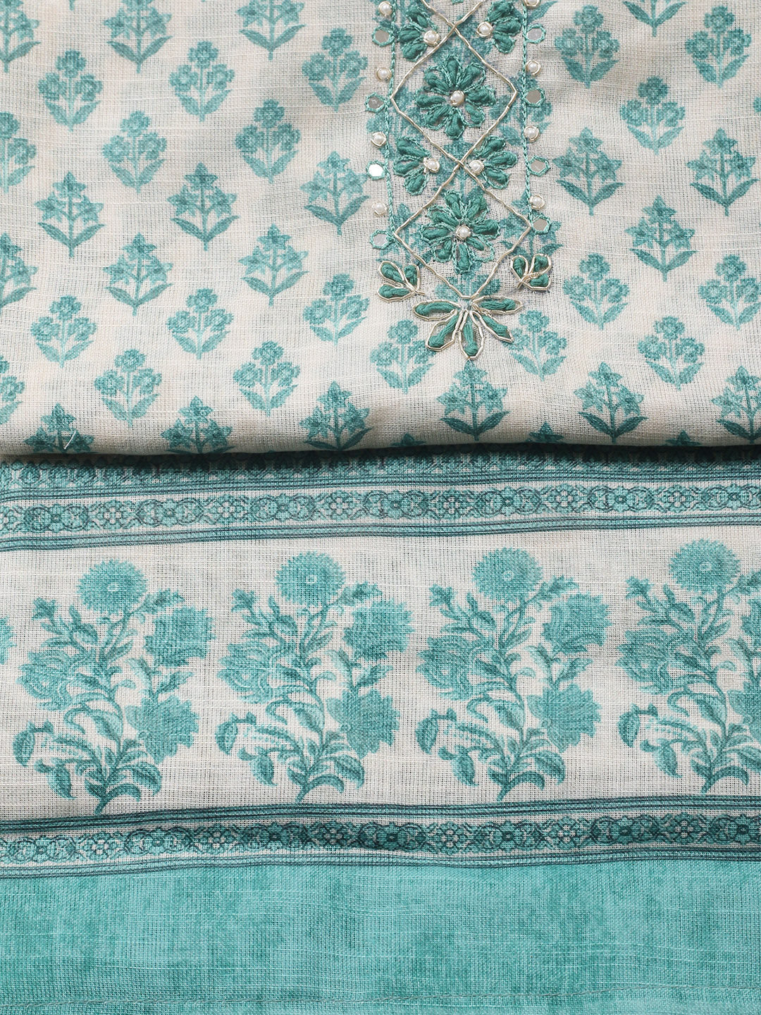 Embroidered Cotton Blend Unstitched Suit With Pant &amp; Dupatta