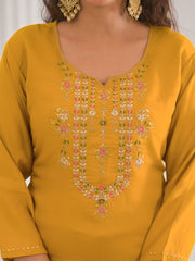 Neck Embroidery Cotton Blend Kurta With Pants & Dupatta