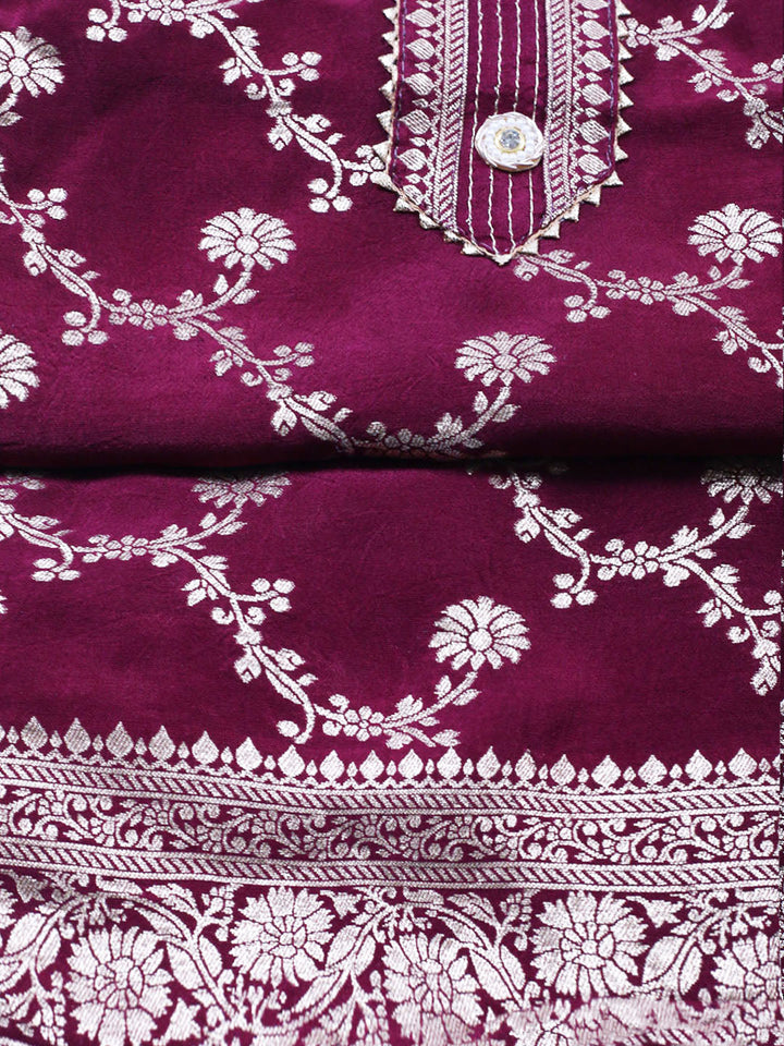 Embroidered Chanderi Unstitched Suit With Pant &amp; Dupatta