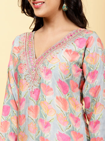 Floral Printed Cotton Kurta With Pants & Dupatta