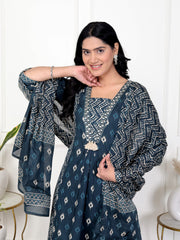 Printed Cotton Blend Kurta With Pants & Dupatta