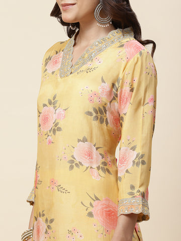 Floral Printed Muslin Kurta With Pants & Dupatta