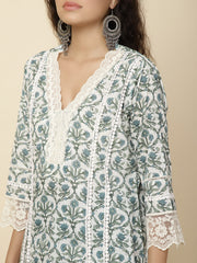 Printed & Panel Embroidery Cotton Kurta With Pants