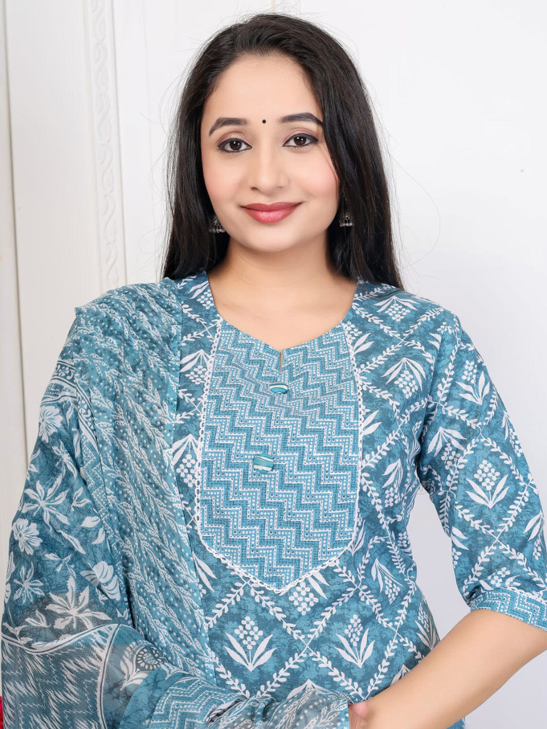 Blue Embroidered Cotton Blend Straight Suit Set With Dupatta