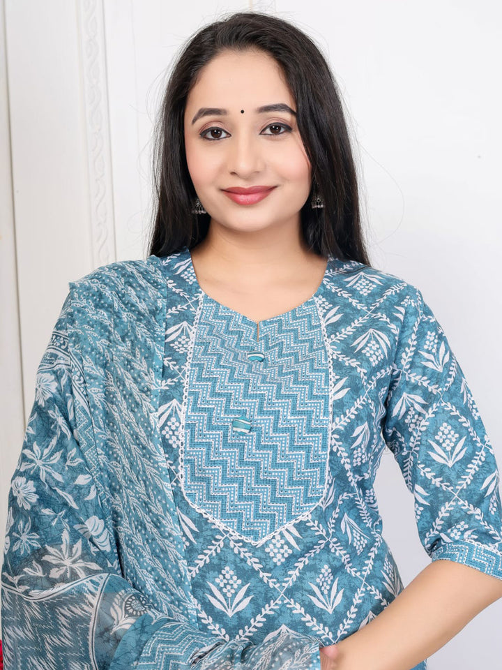 Blue Embroidered Cotton Blend Straight Suit Set With Dupatta