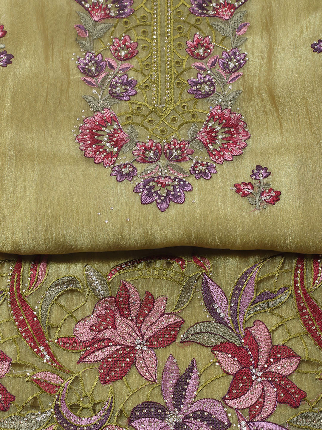 Embroidered Tissue Unstitched Suit With Pant &amp; Dupatta