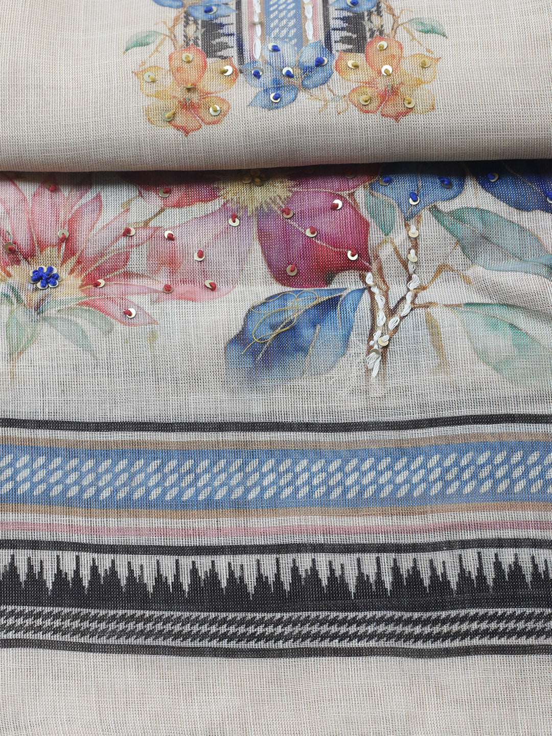 Printed Linen Blend Unstitched Suit With Pant &amp; Dupatta
