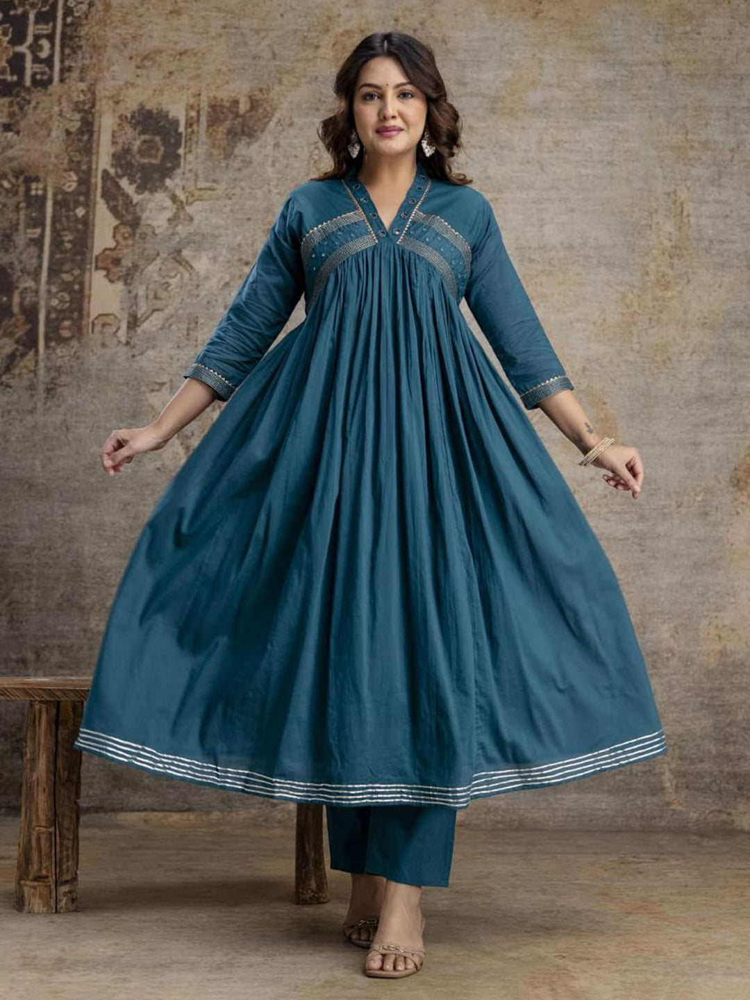 Blue Cotton Blend Embroidered Straight Suit Set