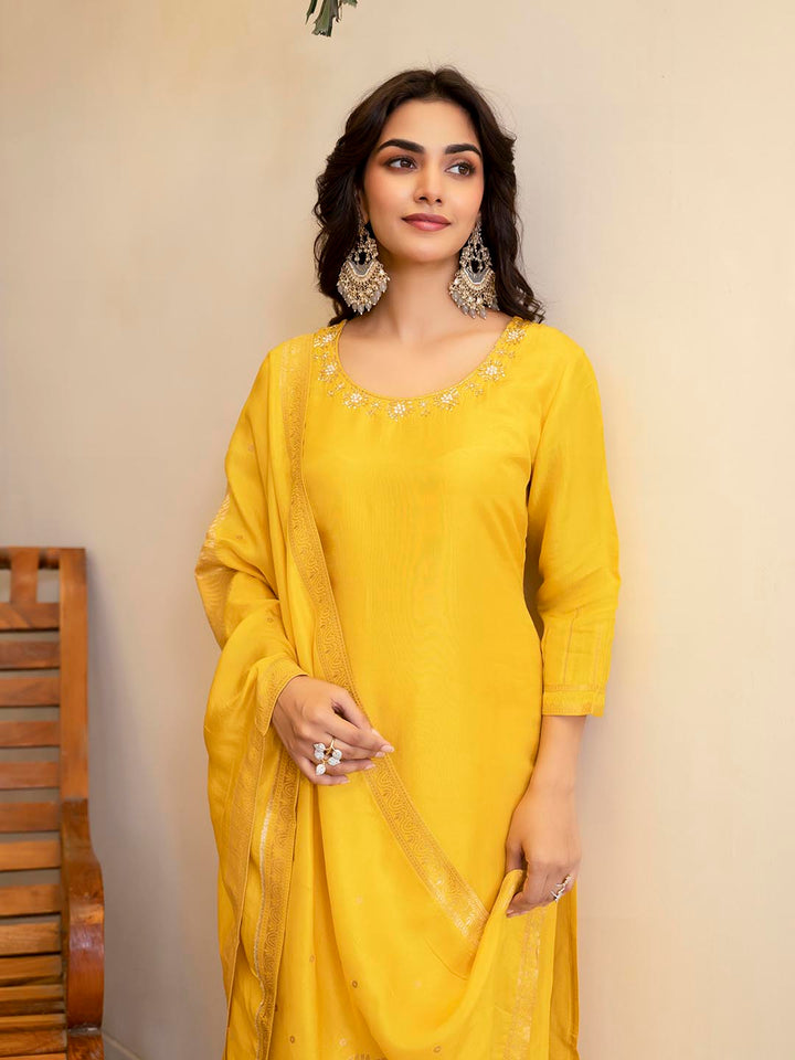 Embroidered Silk Kurta With Pant &amp; Dupatta