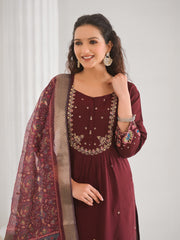 Neck Embroidery Cotton Blend Kurta With Pants & Dupatta