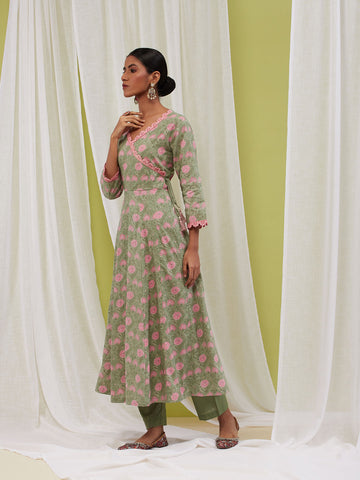 Floral Printed Cotton Anarkali Kurta With Pants