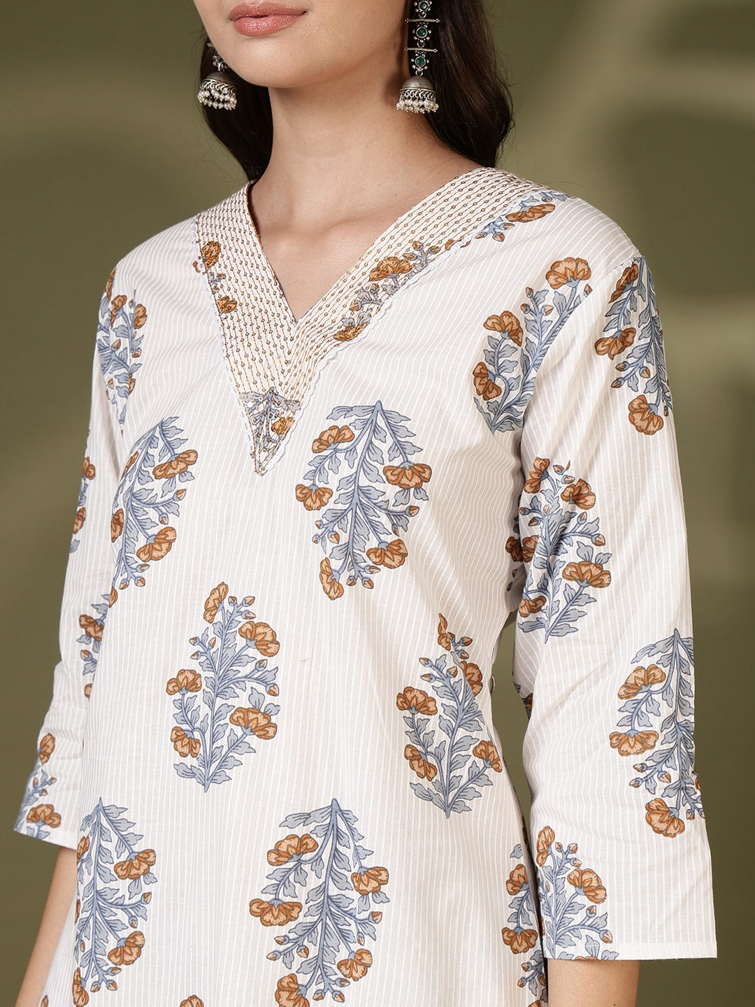 Printed Cotton Blend Kurta With Pant &amp; Dupatta