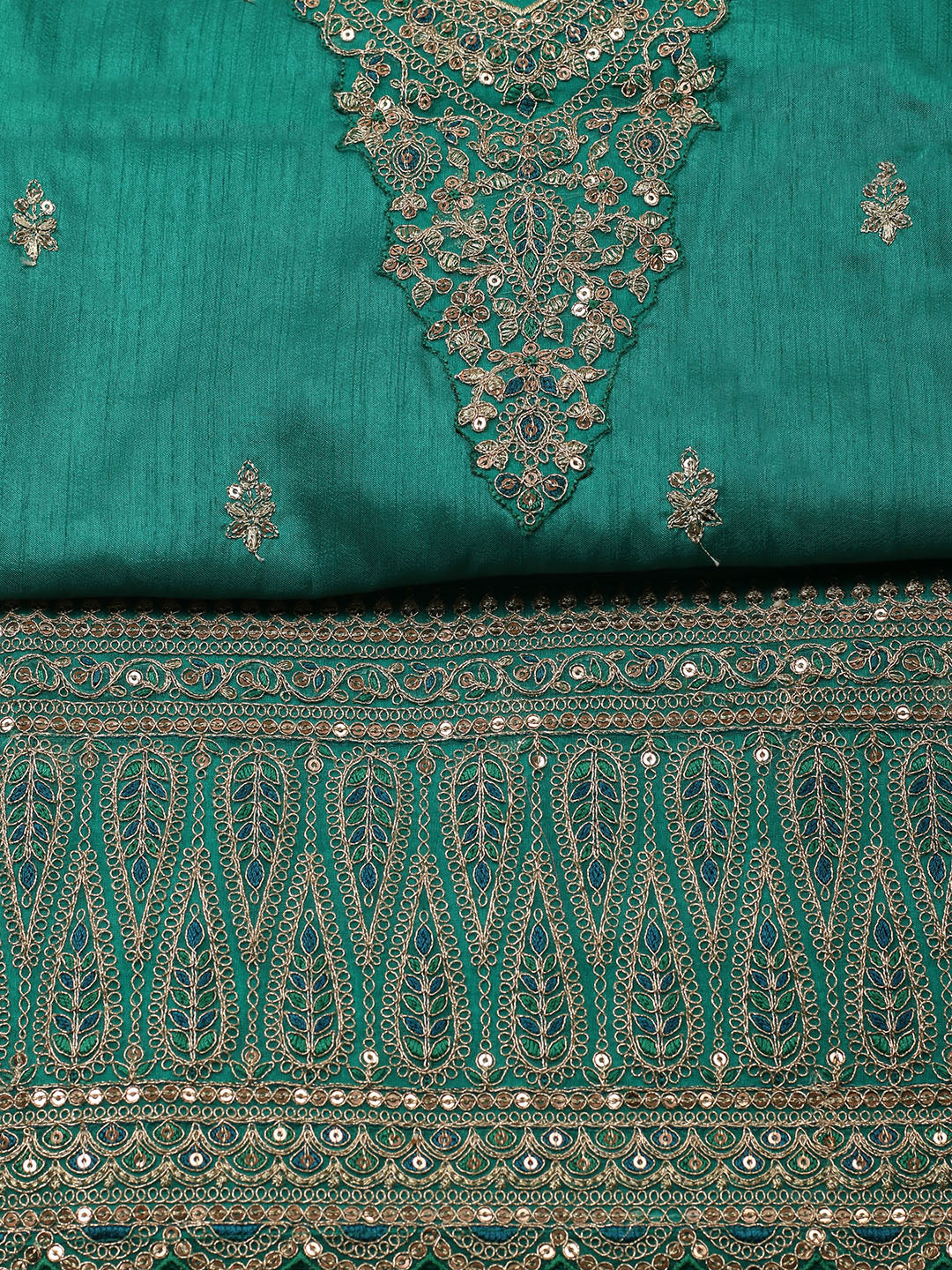 Embroidered Art Silk Unstitched Suit With Pant &amp; Dupatta