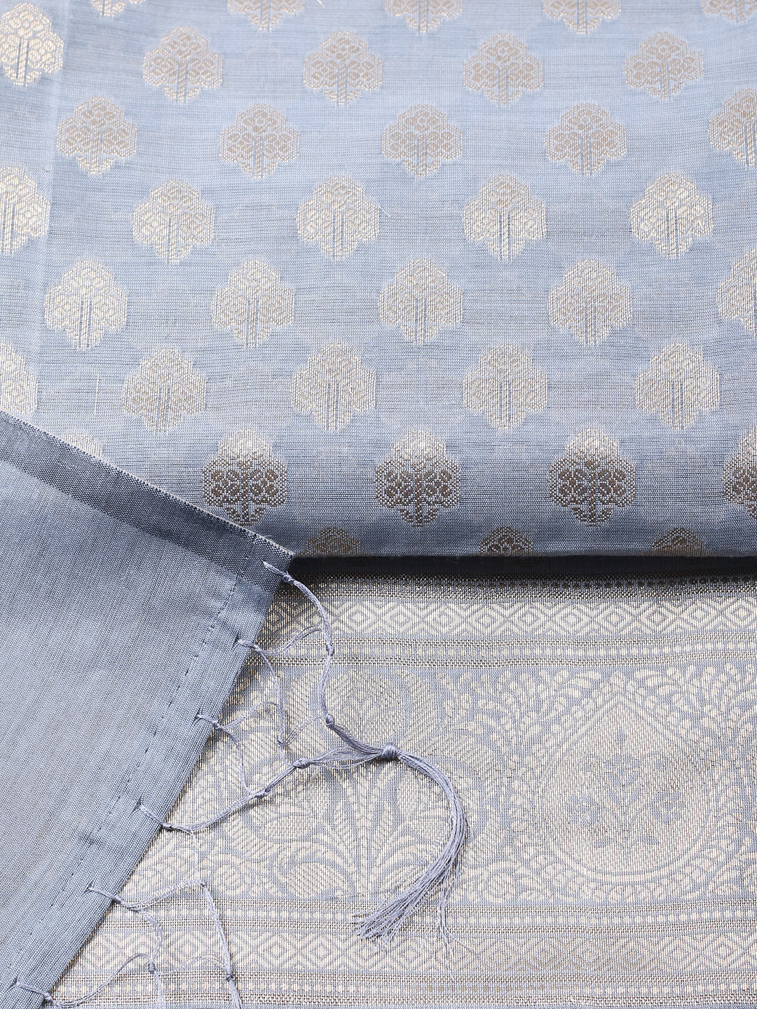 Grey Blue Woven Design Chanderi Unstitched Dress Material
