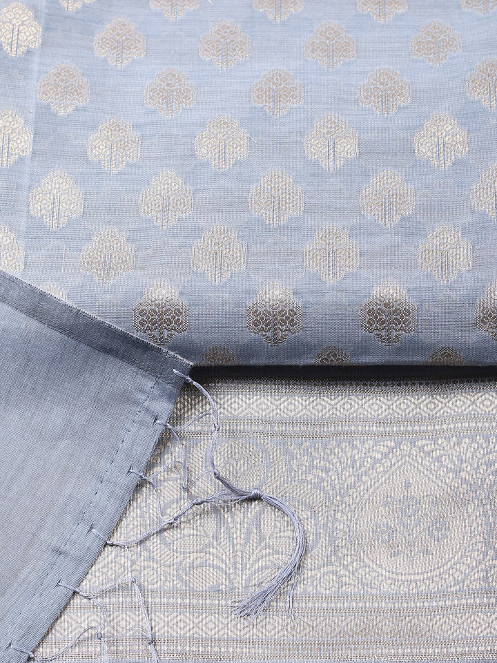 Grey Blue Woven Design Chanderi Unstitched Dress Material