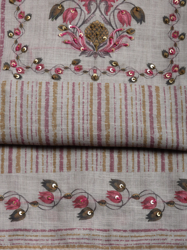 Printed Linen Blend Unstitched Suit With Pant &amp; Dupatta