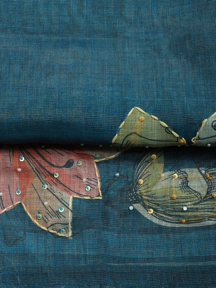 Printed Linen Blend Unstitched Suit With Pant &amp; Dupatta