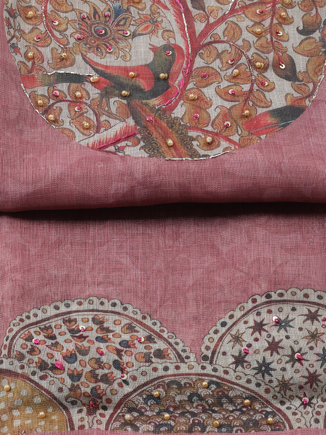 Printed Linen Blend Unstitched Suit With Pant &amp; Dupatta