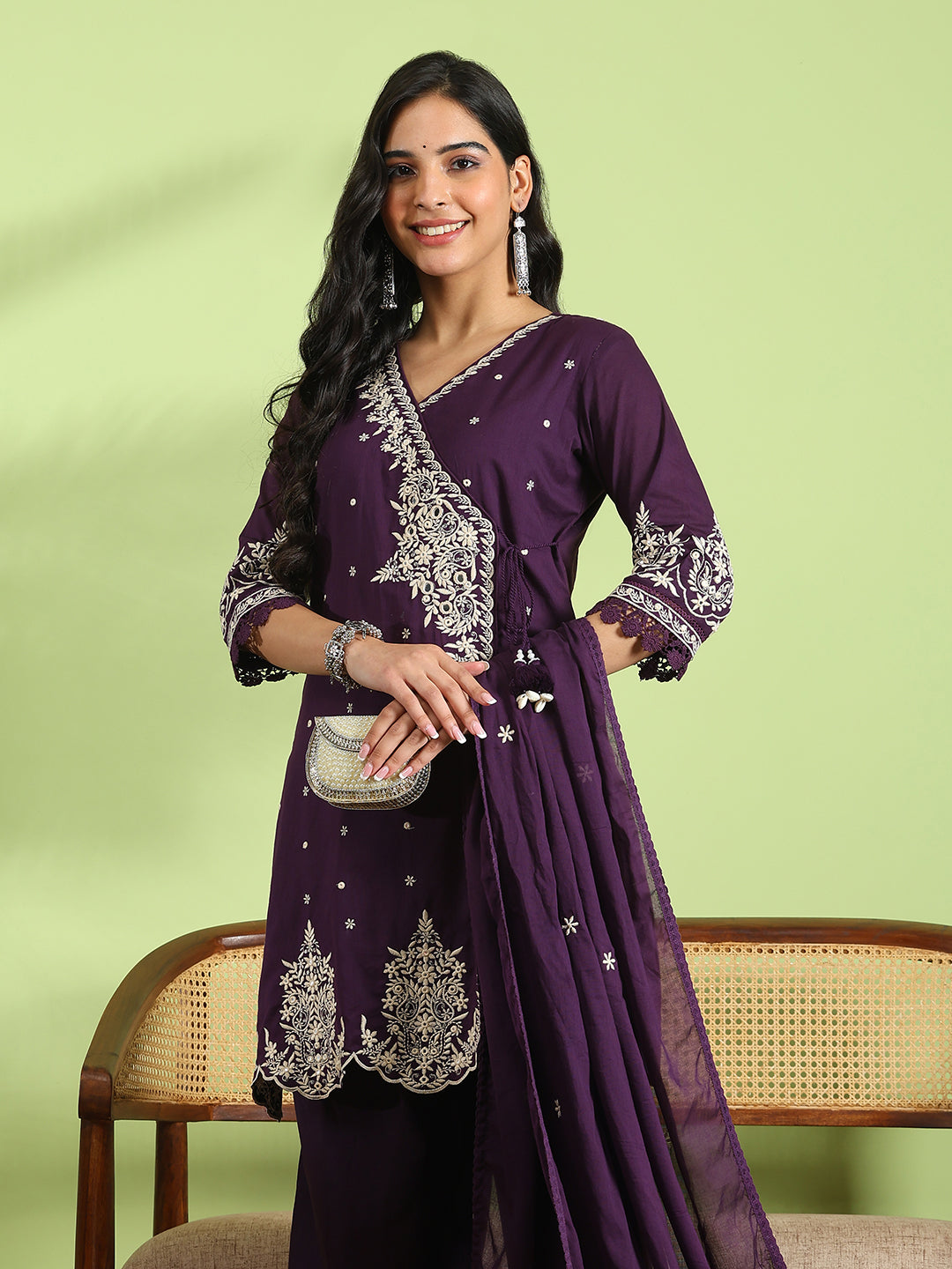 Embroidered Cotton Kurta With Pant &amp; Dupatta