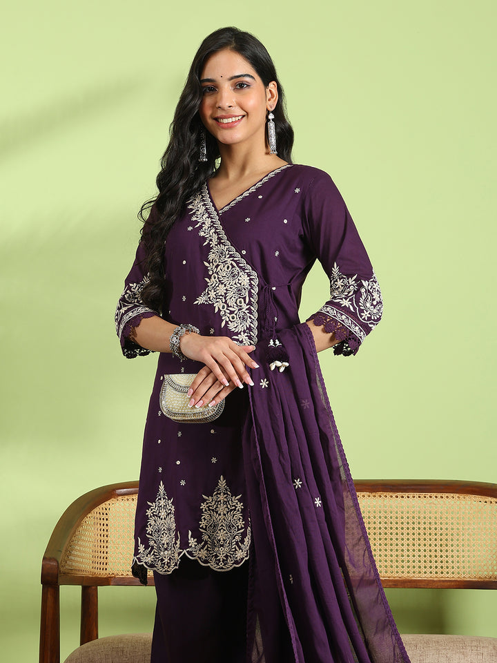 Embroidered Cotton Kurta With Pant &amp; Dupatta